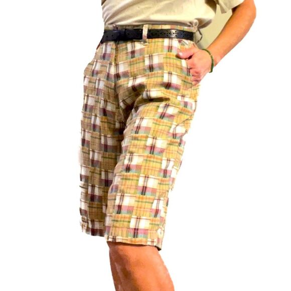 Vintage Pants - Vintage Multi Plaid Flat Front Shorts Patchwork Trouser Long Short 11” Inseam
